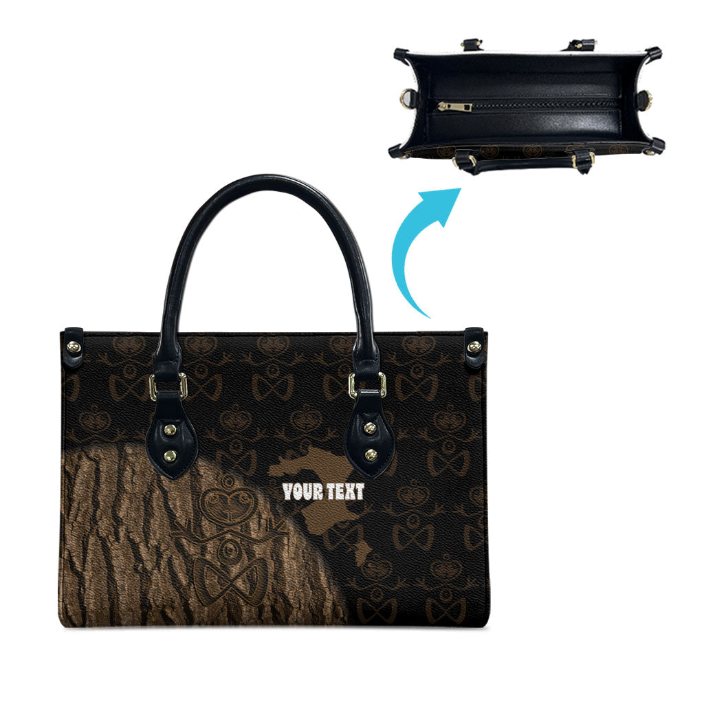 Moriori Kekoru New Zealand Personalised Leather Bag Kopi Rakau Carving Chatham Islands Map