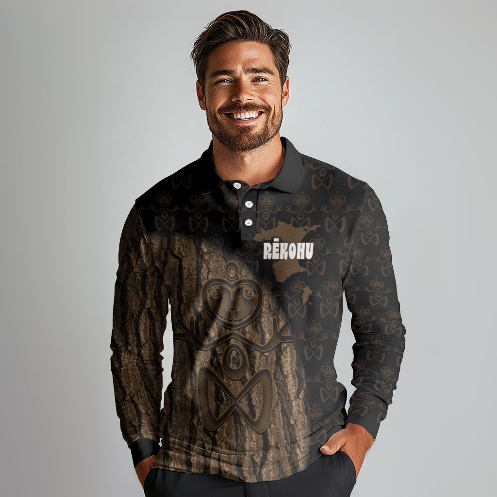 Moriori Kekoru New Zealand Personalised Long Sleeve Polo Shirt Kopi Rakau Carving Chatham Islands Map