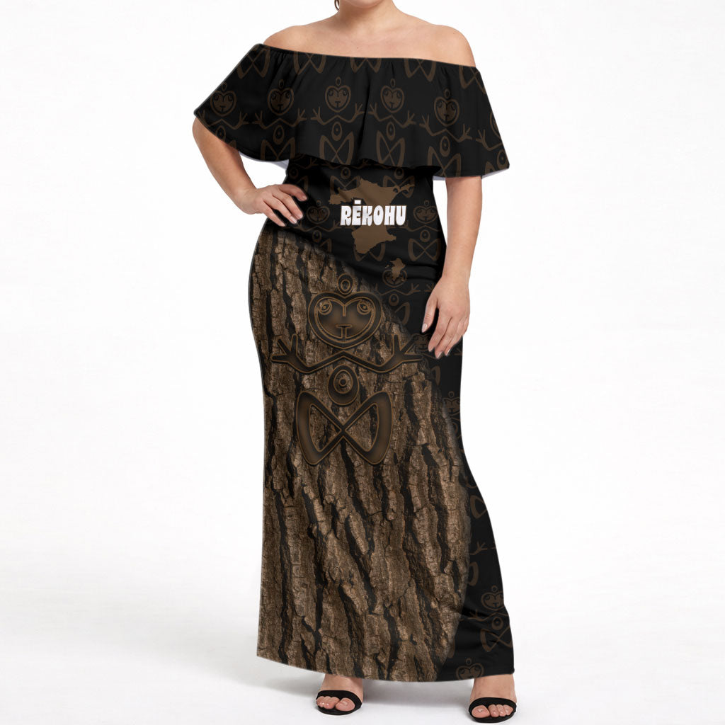 Moriori Kekoru New Zealand Personalised Off Shoulder Maxi Dress Kopi Rakau Carving Chatham Islands Map