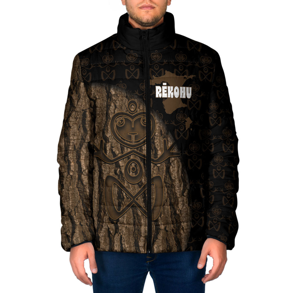 Moriori Kekoru New Zealand Personalised Padded Jacket Kopi Rakau Carving Chatham Islands Map