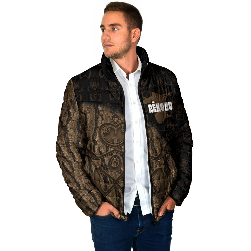 Moriori Kekoru New Zealand Personalised Padded Jacket Kopi Rakau Carving Chatham Islands Map