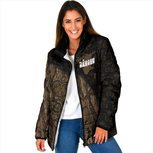 Moriori Kekoru New Zealand Personalised Padded Jacket Kopi Rakau Carving Chatham Islands Map