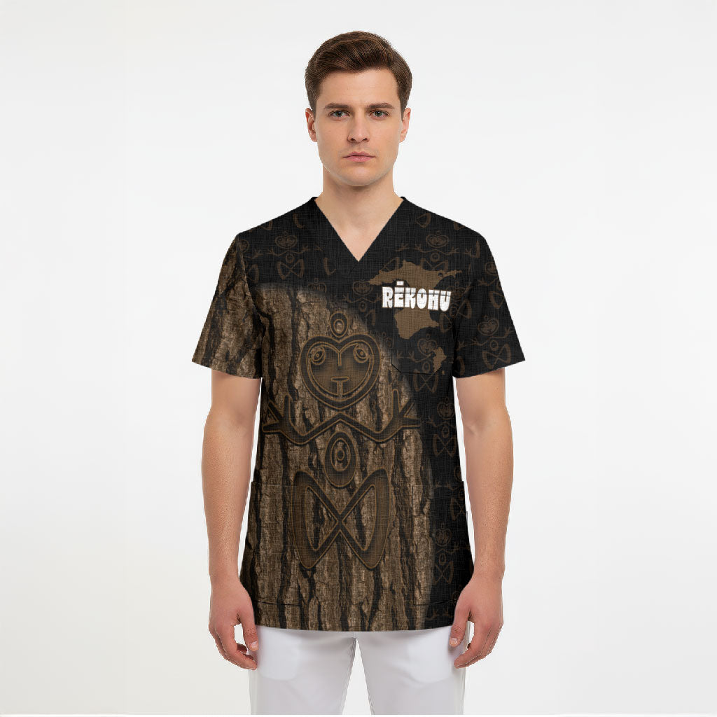 Moriori Kekoru New Zealand Personalised Scrub Top Kopi Rakau Carving Chatham Islands Map
