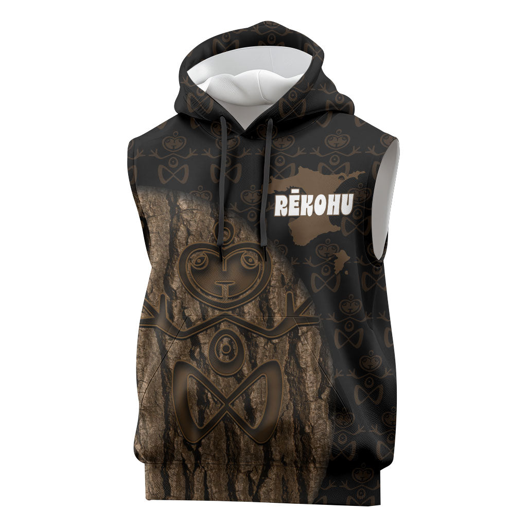 Moriori Kekoru New Zealand Personalised Sleeveless Hoodie Kopi Rakau Carving Chatham Islands Map