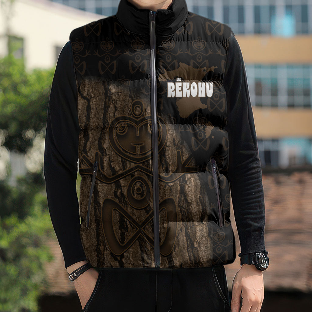 Moriori Kekoru New Zealand Personalised Sleeveless Puffer Jacket Kopi Rakau Carving Chatham Islands Map