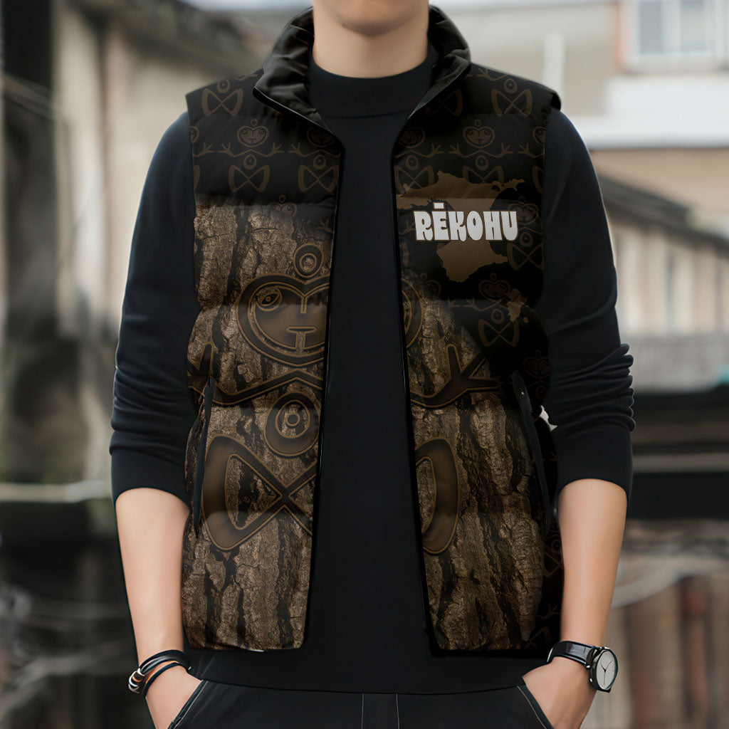 Moriori Kekoru New Zealand Personalised Sleeveless Puffer Jacket Kopi Rakau Carving Chatham Islands Map