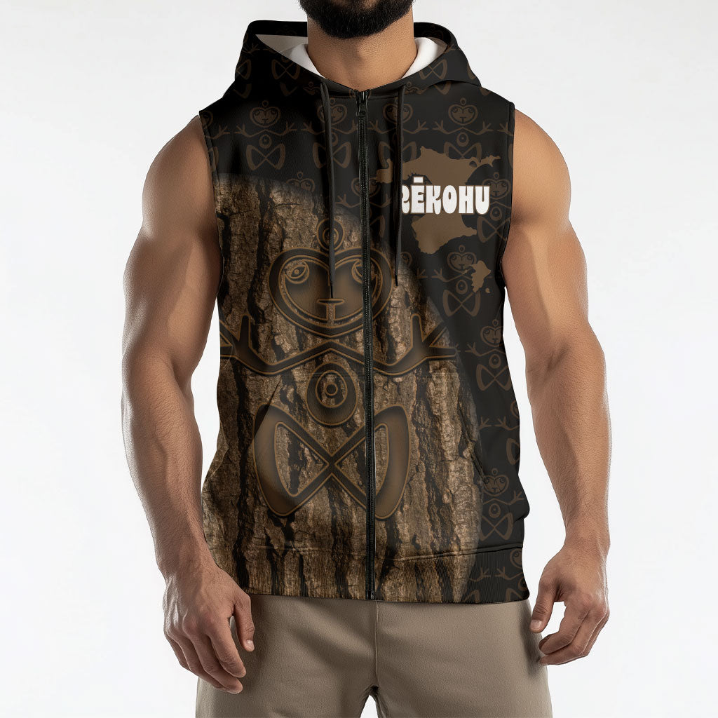Moriori Kekoru New Zealand Personalised Sleeveless Zip Hoodie Kopi Rakau Carving Chatham Islands Map