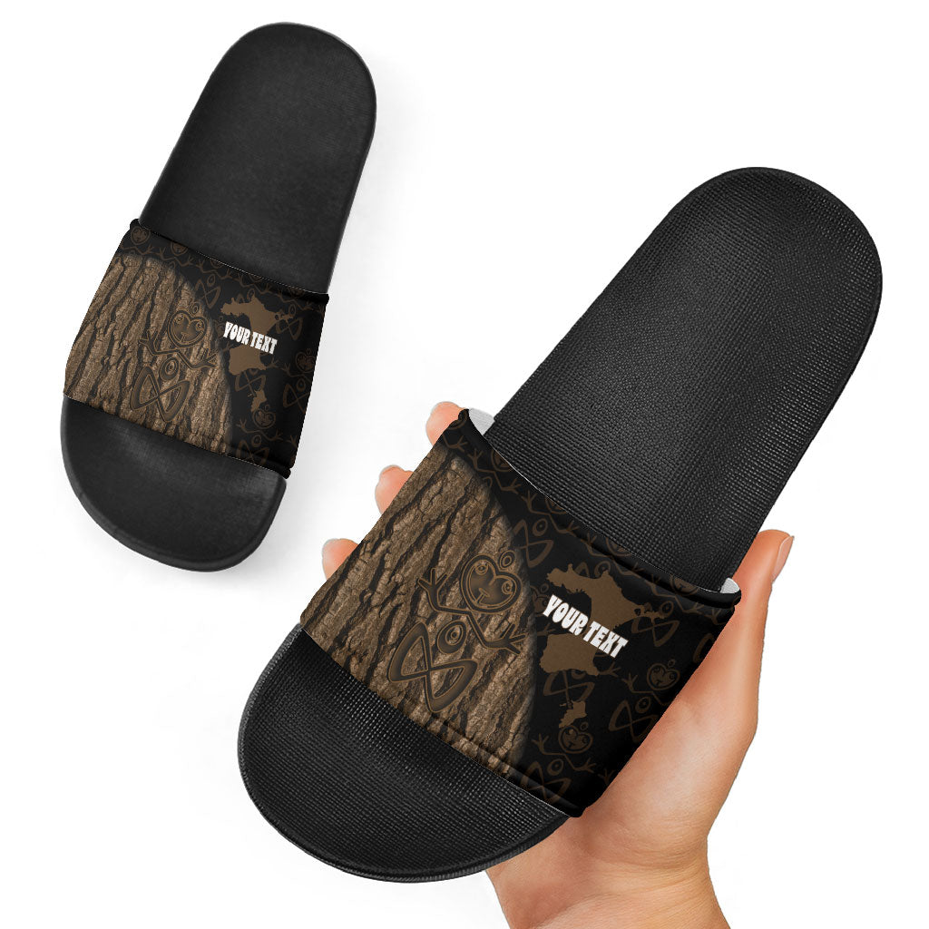 Moriori Kekoru New Zealand Personalised Slide Sandals Kopi Rakau Carving Chatham Islands Map