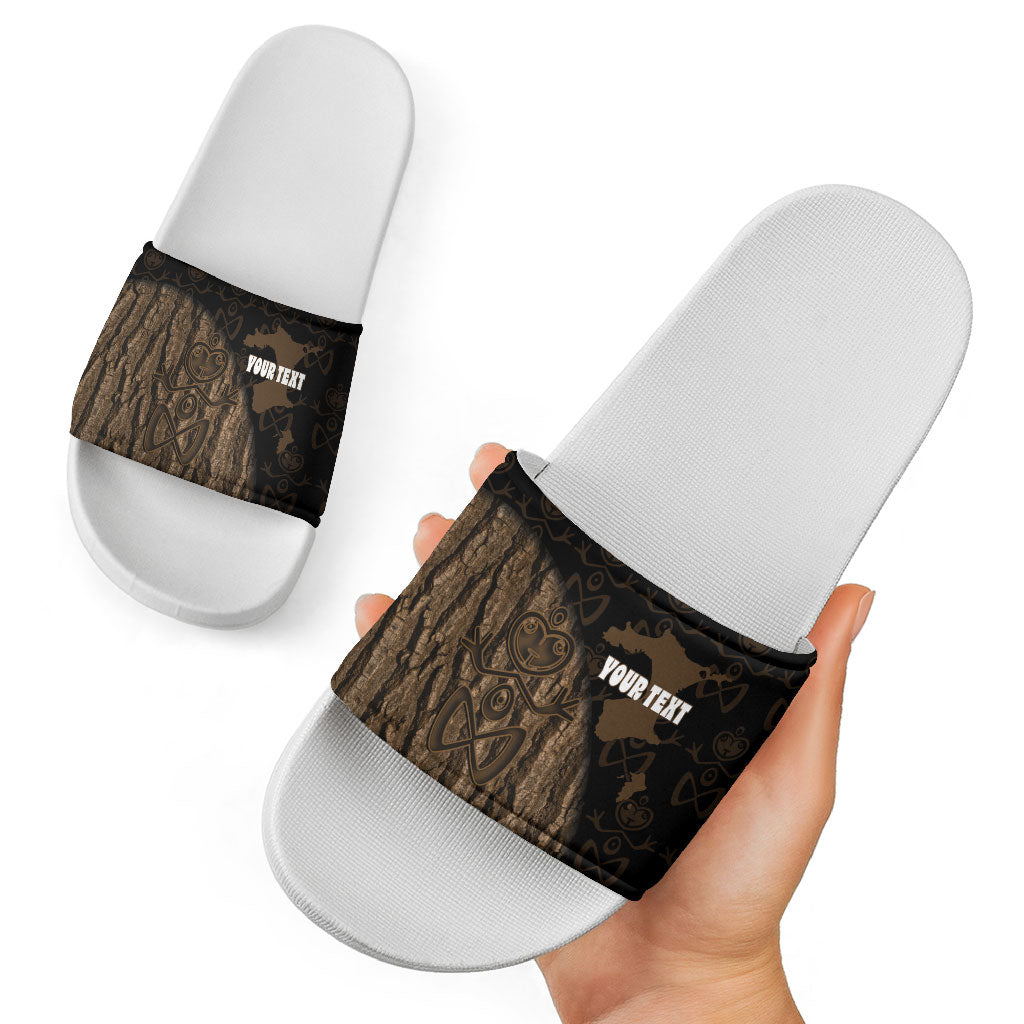 Moriori Kekoru New Zealand Personalised Slide Sandals Kopi Rakau Carving Chatham Islands Map