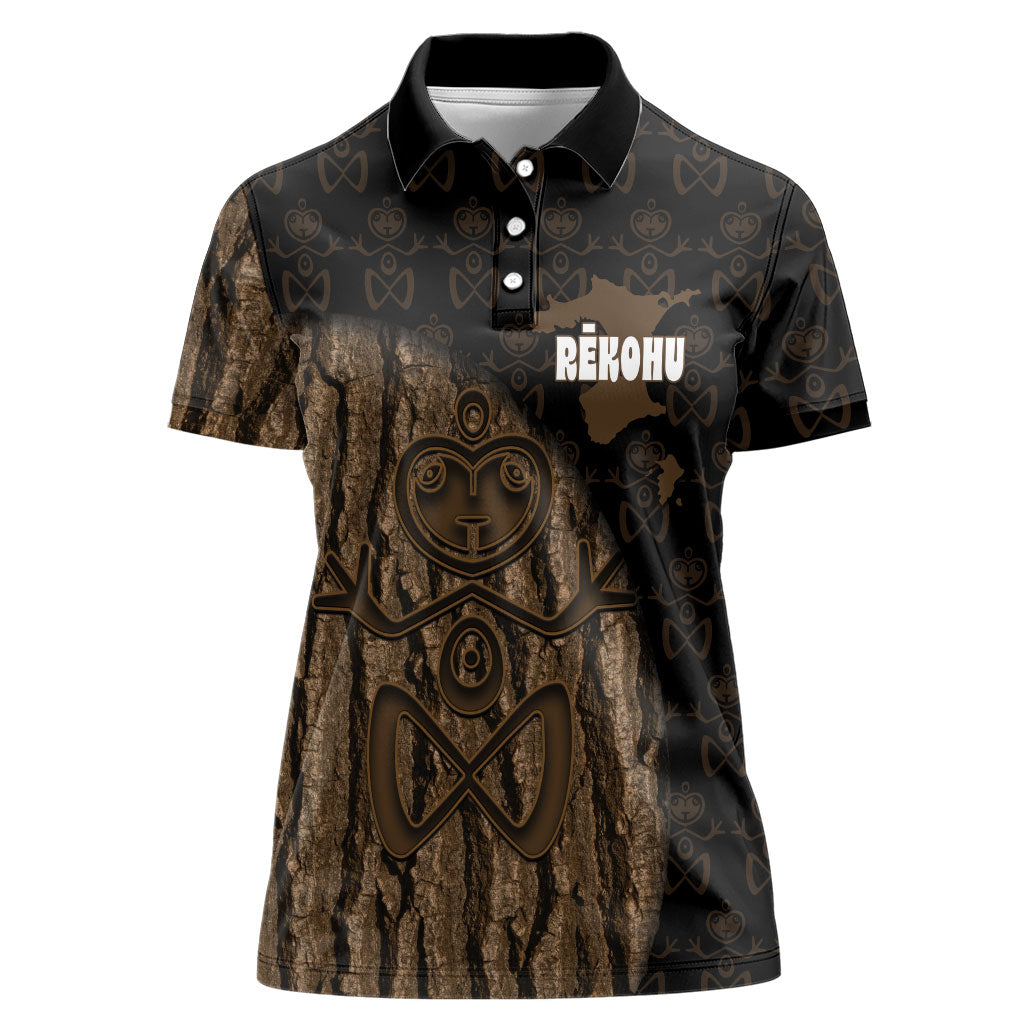 Moriori Kekoru New Zealand Personalised Women Polo Shirt Kopi Rakau Carving Chatham Islands Map