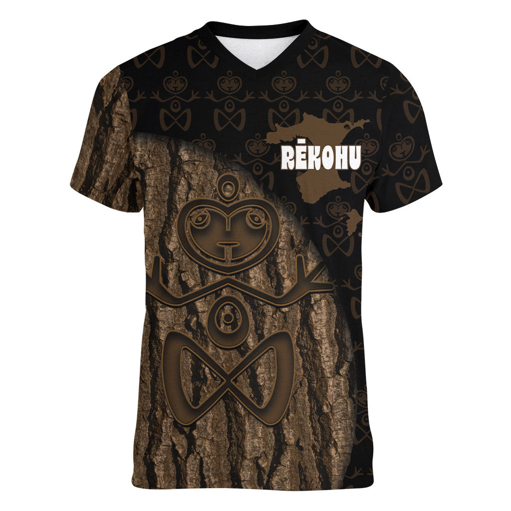 Moriori Kekoru New Zealand Personalised Women V-Neck T-Shirt Kopi Rakau Carving Chatham Islands Map