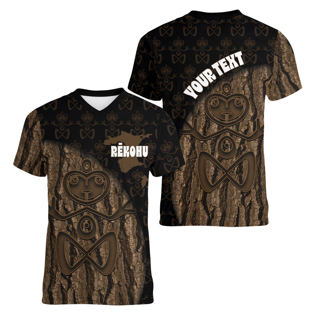 Moriori Kekoru New Zealand Personalised Women V-Neck T-Shirt Kopi Rakau Carving Chatham Islands Map