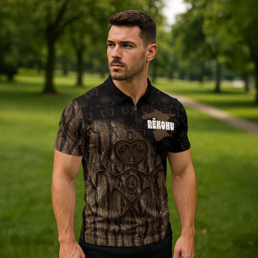Moriori Kekoru New Zealand Personalised Zipper Polo Shirt Kopi Rakau Carving Chatham Islands Map