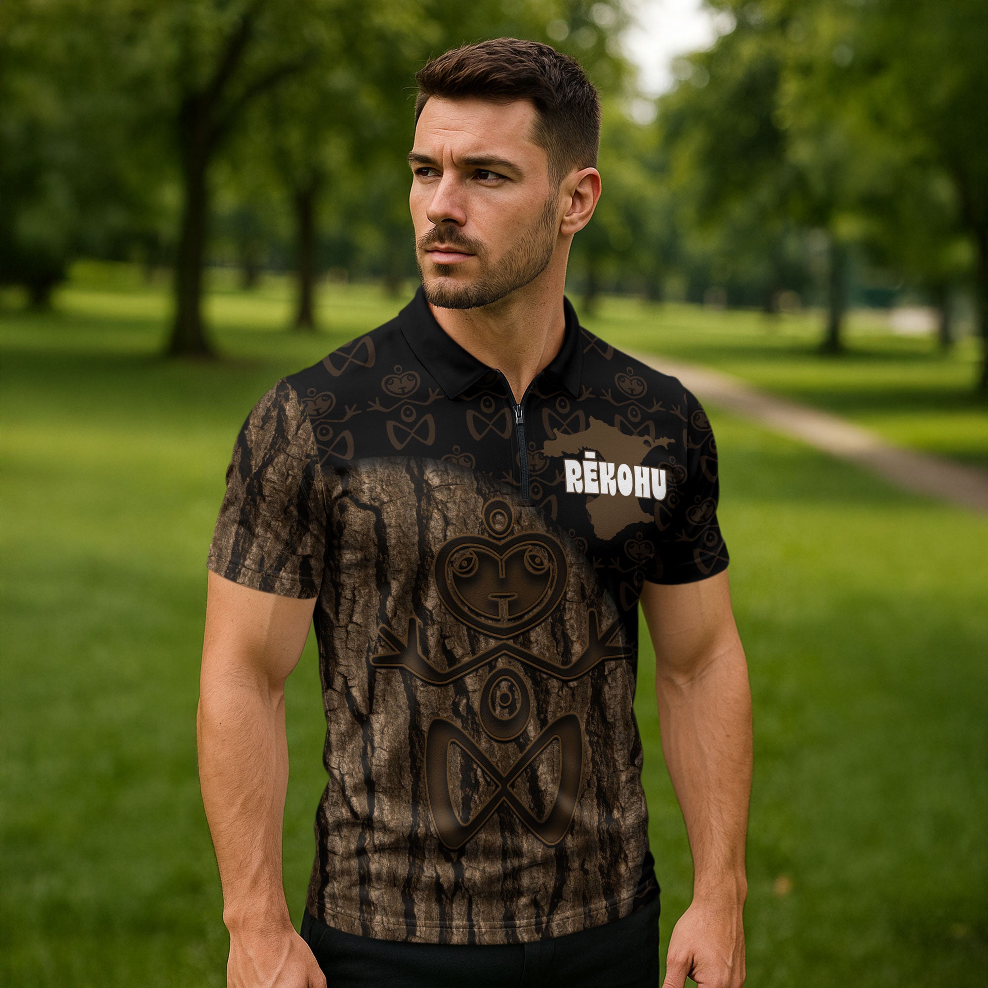 Moriori Kekoru New Zealand Personalised Zipper Polo Shirt Kopi Rakau Carving Chatham Islands Map