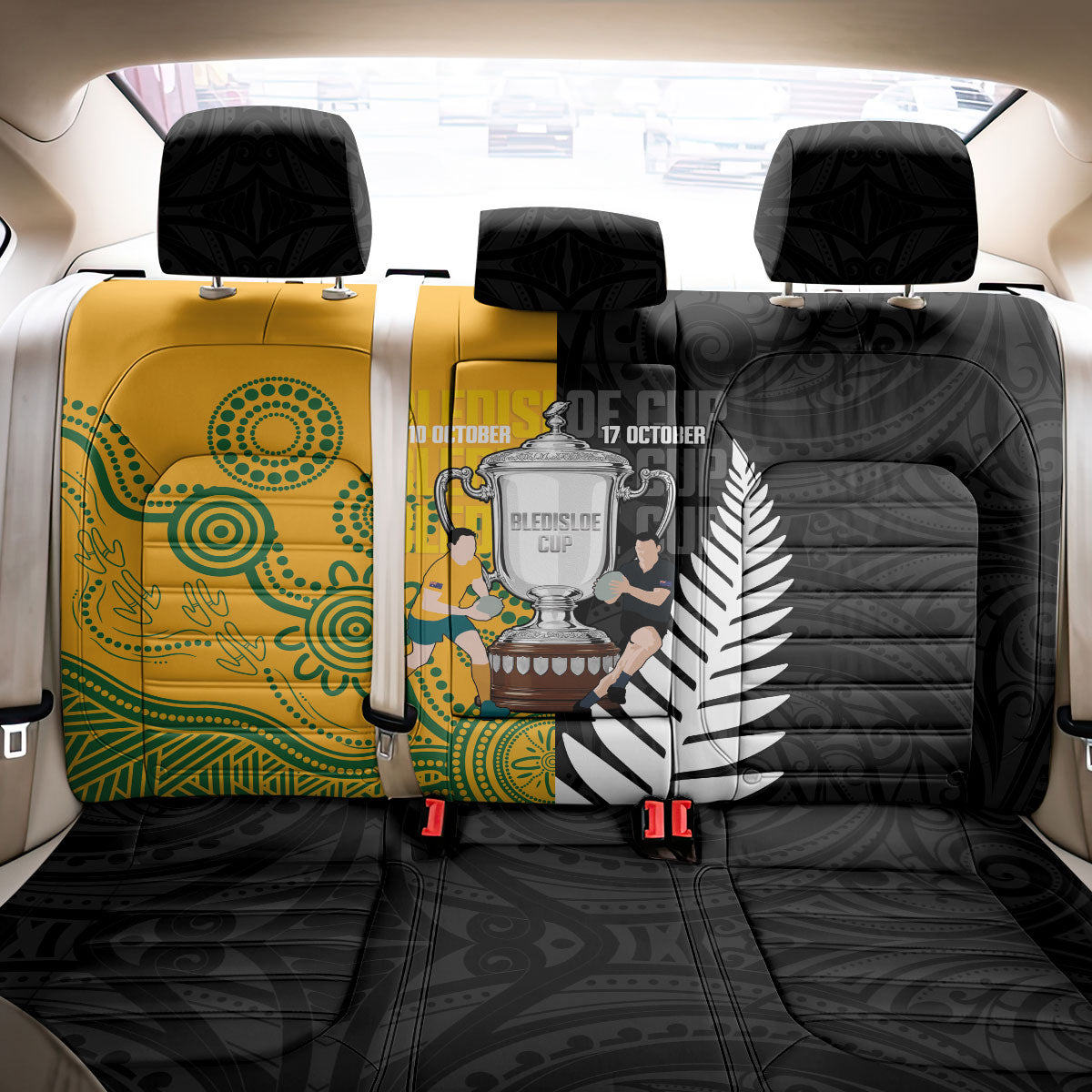New Zealand Australia Rugby Bledisloe 2026 Back Car Seat Cover Champion Trophy Maori Aboriginal Art