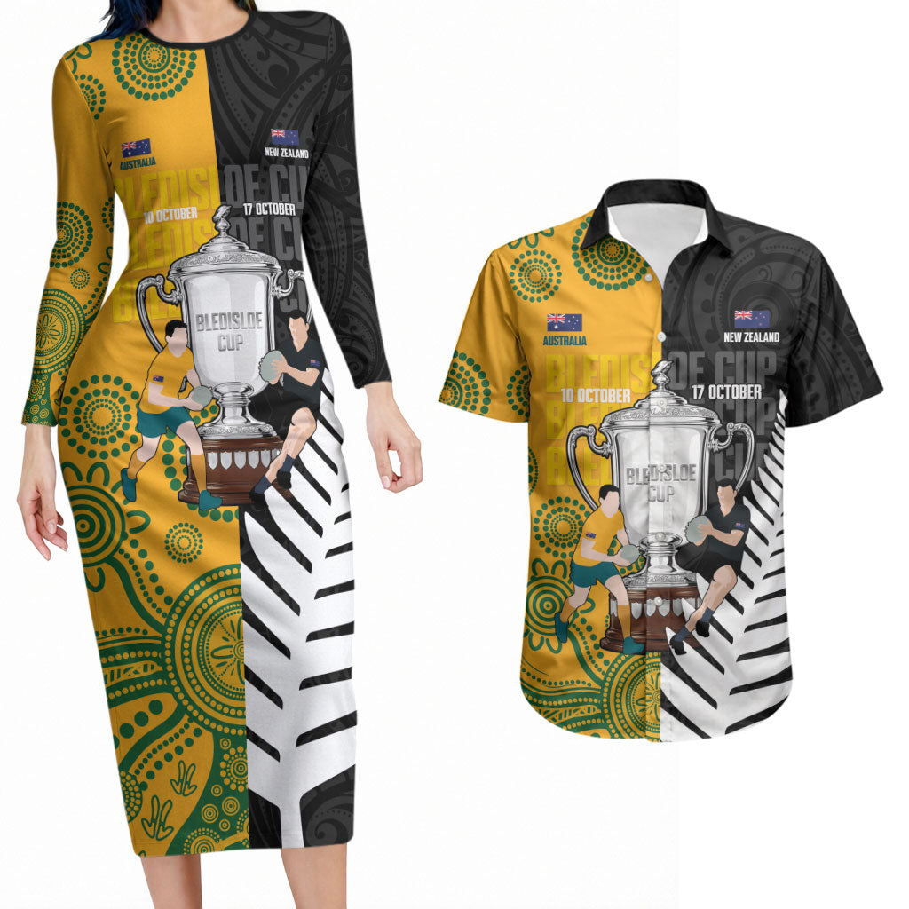 New Zealand Australia Rugby Bledisloe 2026 Custom Couples Matching Long Sleeve Bodycon Dress and Hawaiian Shirt Champion Trophy Maori Aboriginal Art