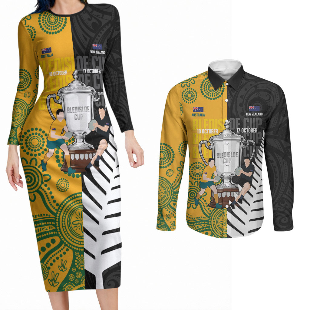 New Zealand Australia Rugby Bledisloe 2026 Custom Couples Matching Long Sleeve Bodycon Dress and Long Sleeve Button Shirt Champion Trophy Maori Aboriginal Art