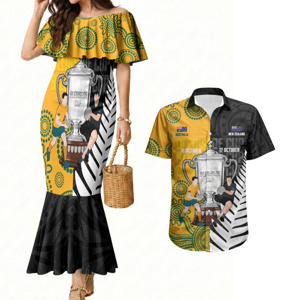 New Zealand Australia Rugby Bledisloe 2026 Custom Couples Matching Mermaid Dress and Hawaiian Shirt Champion Trophy Maori Aboriginal Art