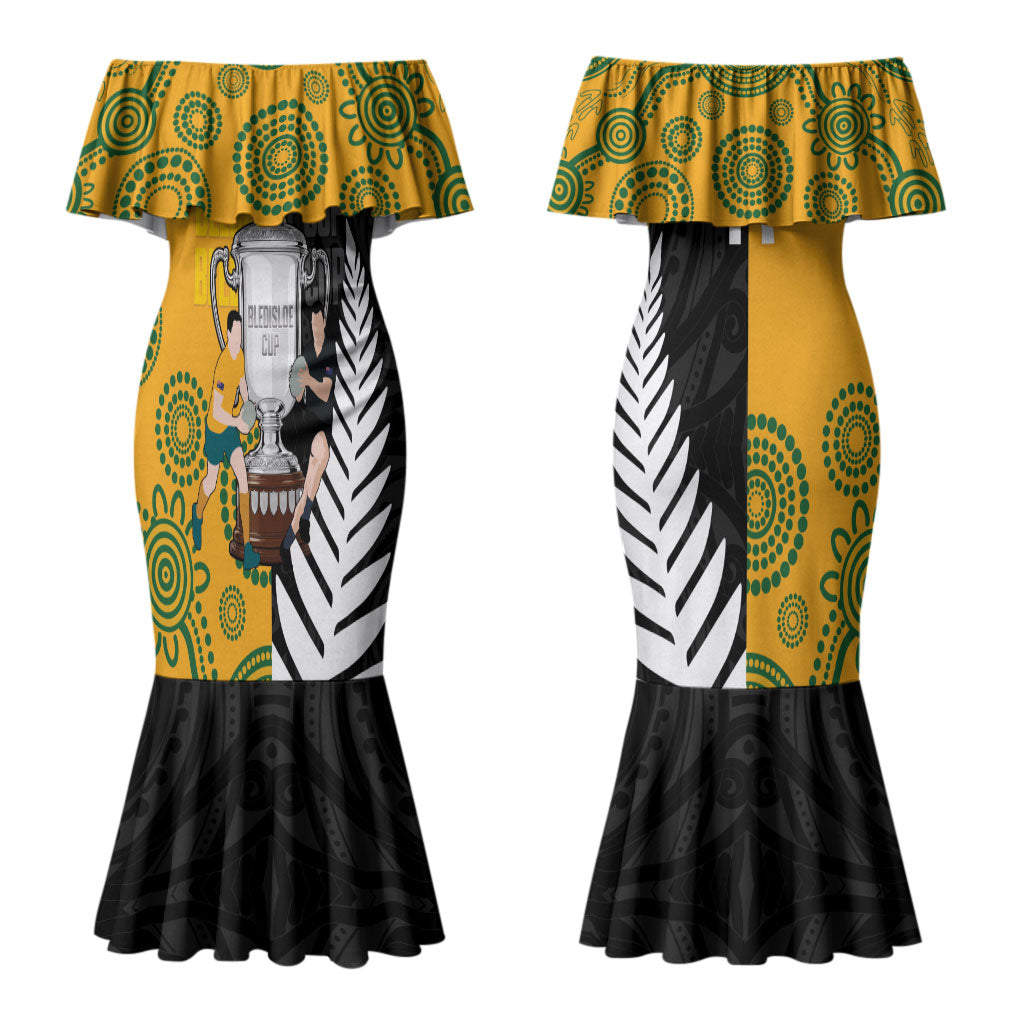 New Zealand Australia Rugby Bledisloe 2026 Custom Couples Matching Mermaid Dress and Long Sleeve Button Shirt Champion Trophy Maori Aboriginal Art