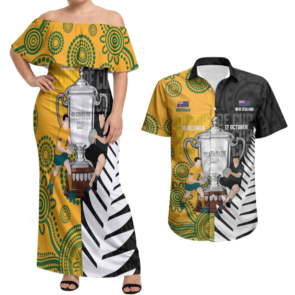 New Zealand Australia Rugby Bledisloe 2026 Custom Couples Matching Off Shoulder Maxi Dress and Hawaiian Shirt Champion Trophy Maori Aboriginal Art