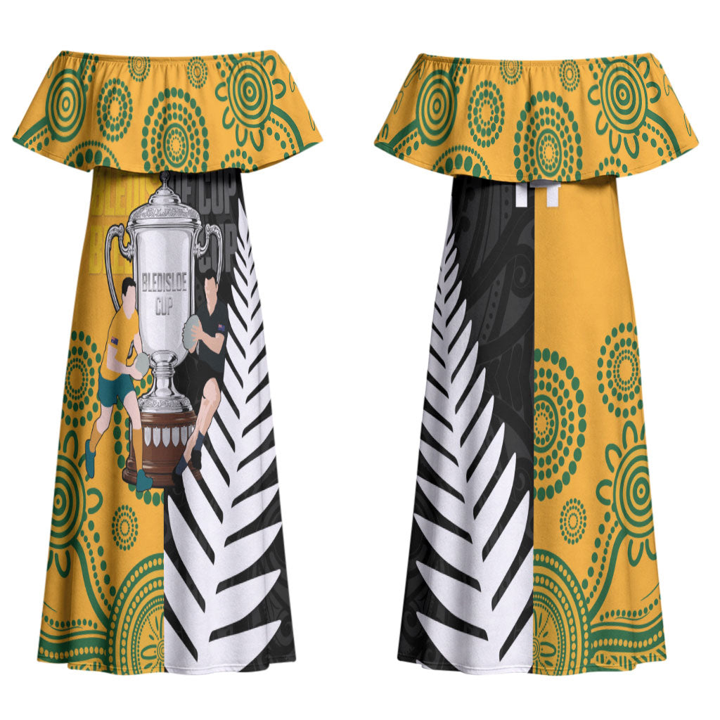 New Zealand Australia Rugby Bledisloe 2026 Custom Couples Matching Off Shoulder Maxi Dress and Hawaiian Shirt Champion Trophy Maori Aboriginal Art
