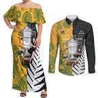 New Zealand Australia Rugby Bledisloe 2026 Custom Couples Matching Off Shoulder Maxi Dress and Long Sleeve Button Shirt Champion Trophy Maori Aboriginal Art