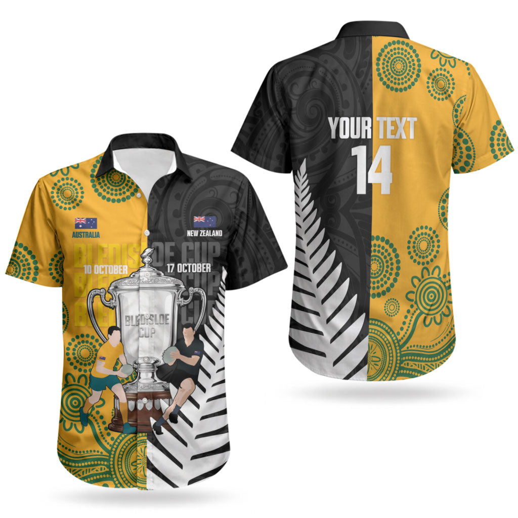 New Zealand Australia Rugby Bledisloe 2026 Custom Couples Matching Off Shoulder Short Dress and Hawaiian Shirt Champion Trophy Maori Aboriginal Art