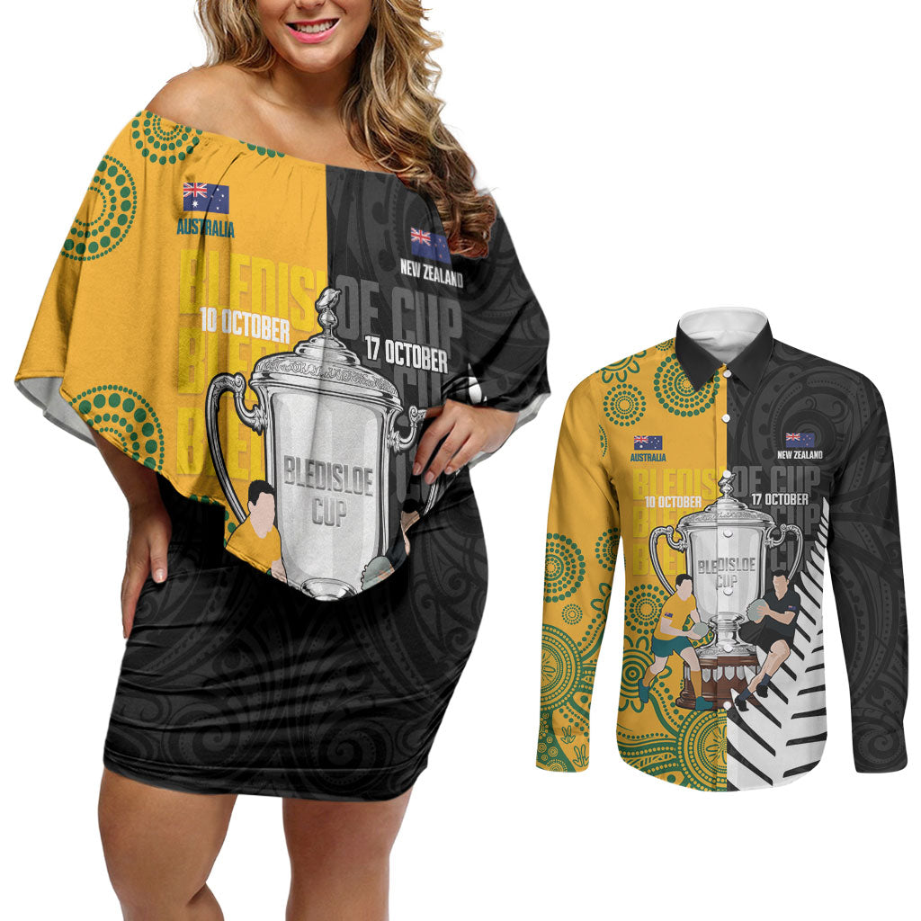 New Zealand Australia Rugby Bledisloe 2026 Custom Couples Matching Off Shoulder Short Dress and Long Sleeve Button Shirt Champion Trophy Maori Aboriginal Art