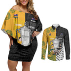 New Zealand Australia Rugby Bledisloe 2026 Custom Couples Matching Off Shoulder Short Dress and Long Sleeve Button Shirt Champion Trophy Maori Aboriginal Art