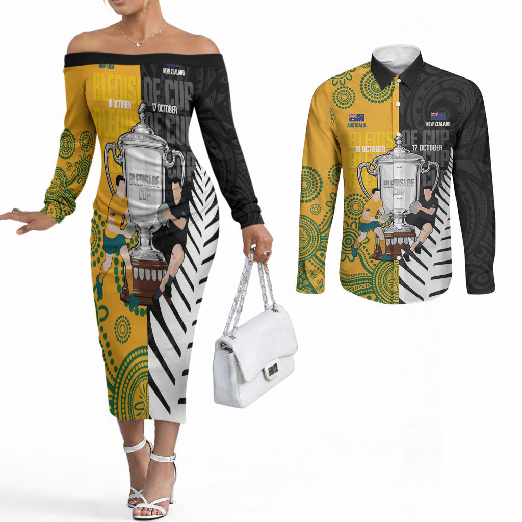 New Zealand Australia Rugby Bledisloe 2026 Custom Couples Matching Off The Shoulder Long Sleeve Dress and Long Sleeve Button Shirt Champion Trophy Maori Aboriginal Art
