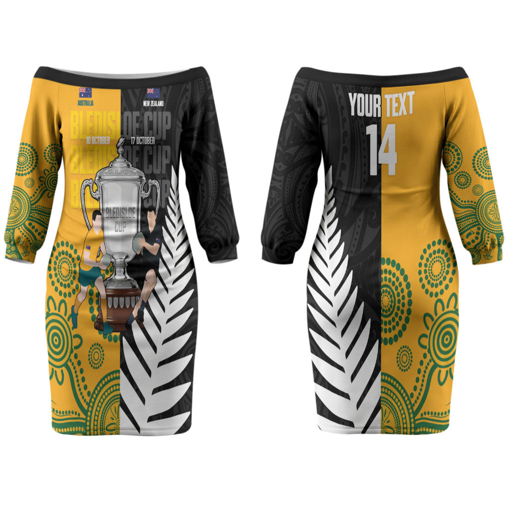 New Zealand Australia Rugby Bledisloe 2026 Custom Couples Matching Off The Shoulder Long Sleeve Dress and Long Sleeve Button Shirt Champion Trophy Maori Aboriginal Art