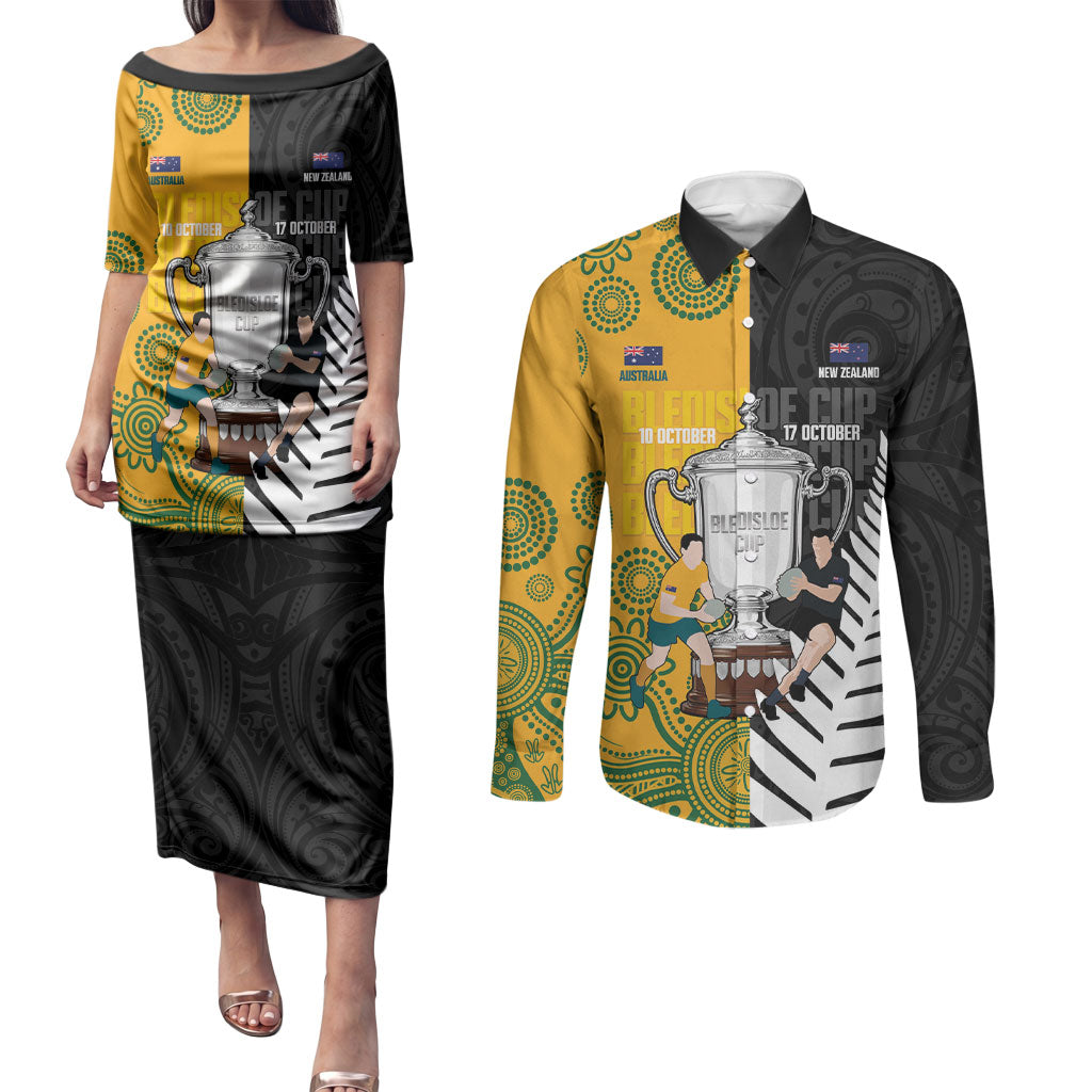 New Zealand Australia Rugby Bledisloe 2026 Custom Couples Matching Puletasi and Long Sleeve Button Shirt Champion Trophy Maori Aboriginal Art