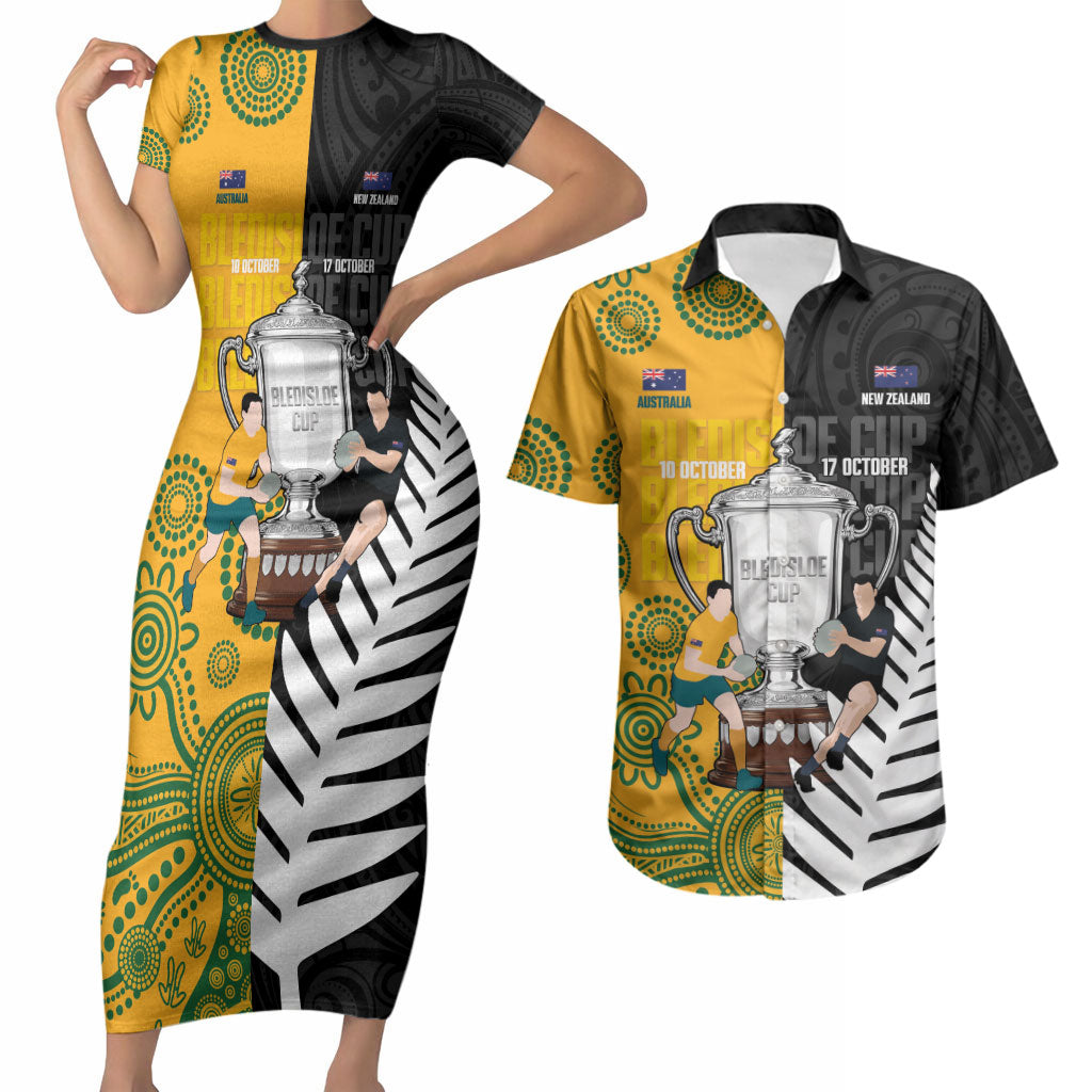 New Zealand Australia Rugby Bledisloe 2026 Custom Couples Matching Short Sleeve Bodycon Dress and Hawaiian Shirt Champion Trophy Maori Aboriginal Art