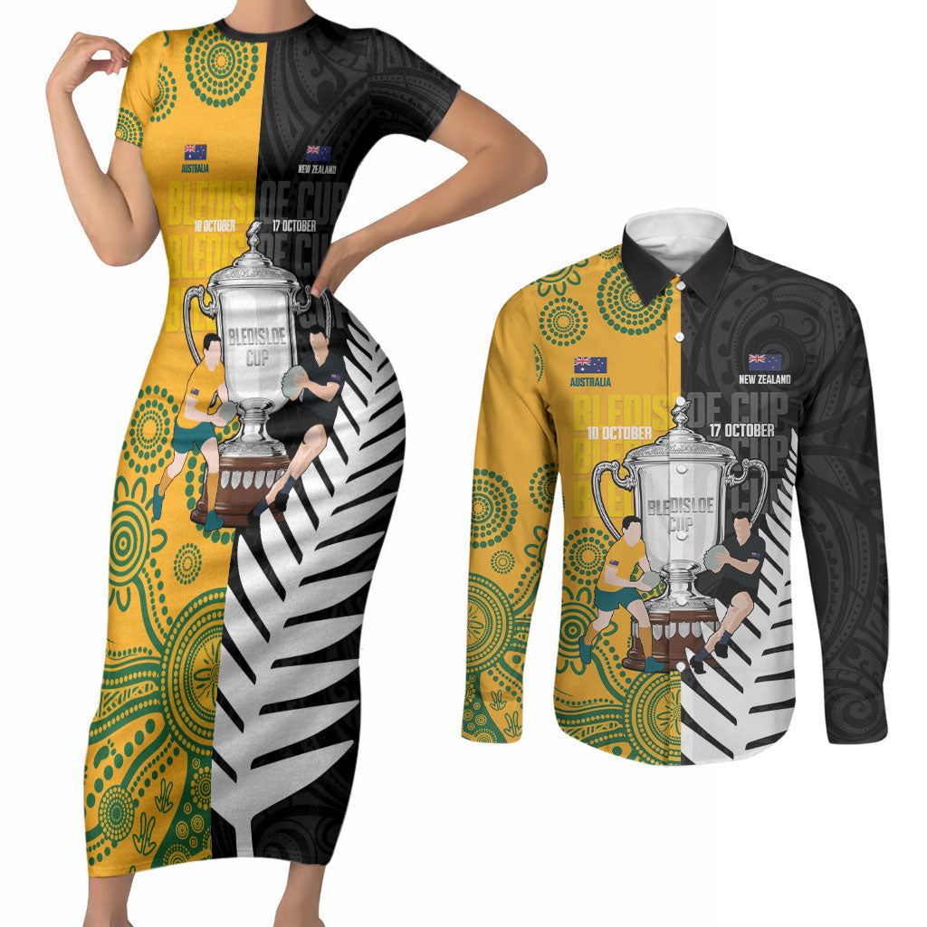 New Zealand Australia Rugby Bledisloe 2026 Custom Couples Matching Short Sleeve Bodycon Dress and Long Sleeve Button Shirt Champion Trophy Maori Aboriginal Art