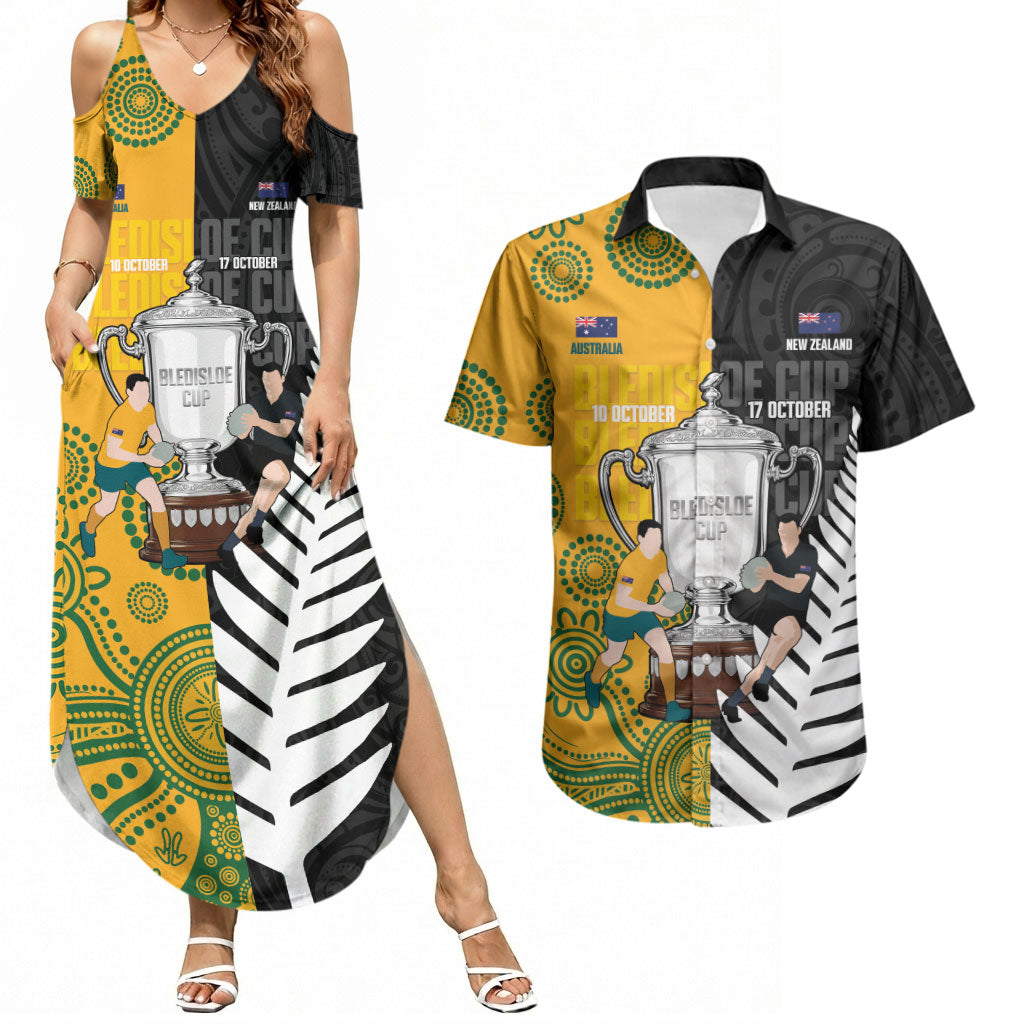 New Zealand Australia Rugby Bledisloe 2026 Custom Couples Matching Summer Maxi Dress and Hawaiian Shirt Champion Trophy Maori Aboriginal Art