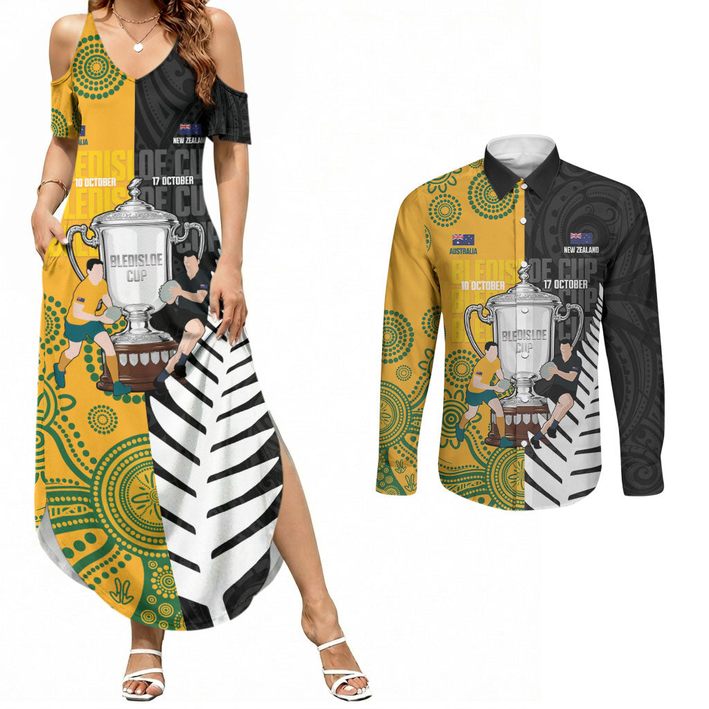New Zealand Australia Rugby Bledisloe 2026 Custom Couples Matching Summer Maxi Dress and Long Sleeve Button Shirt Champion Trophy Maori Aboriginal Art