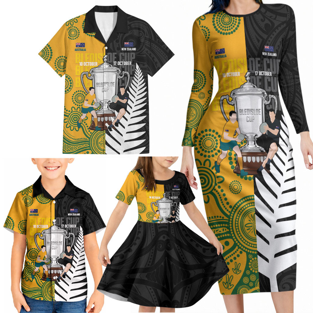 New Zealand Australia Rugby Bledisloe 2026 Custom Family Matching Long Sleeve Bodycon Dress and Hawaiian Shirt Champion Trophy Maori Aboriginal Art