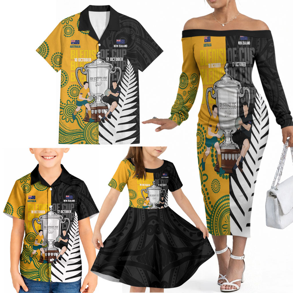 New Zealand Australia Rugby Bledisloe 2026 Custom Family Matching Off The Shoulder Long Sleeve Dress and Hawaiian Shirt Champion Trophy Maori Aboriginal Art