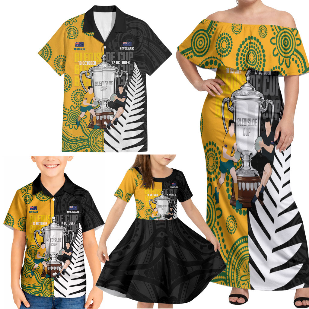 New Zealand Australia Rugby Bledisloe 2026 Custom Family Matching Off Shoulder Maxi Dress and Hawaiian Shirt Champion Trophy Maori Aboriginal Art