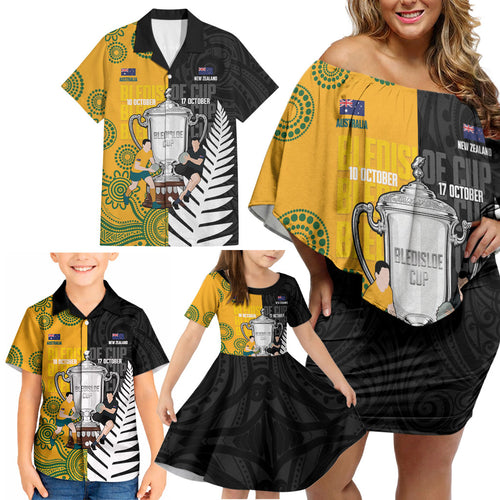 New Zealand Australia Rugby Bledisloe 2026 Custom Family Matching Off Shoulder Short Dress and Hawaiian Shirt Champion Trophy Maori Aboriginal Art