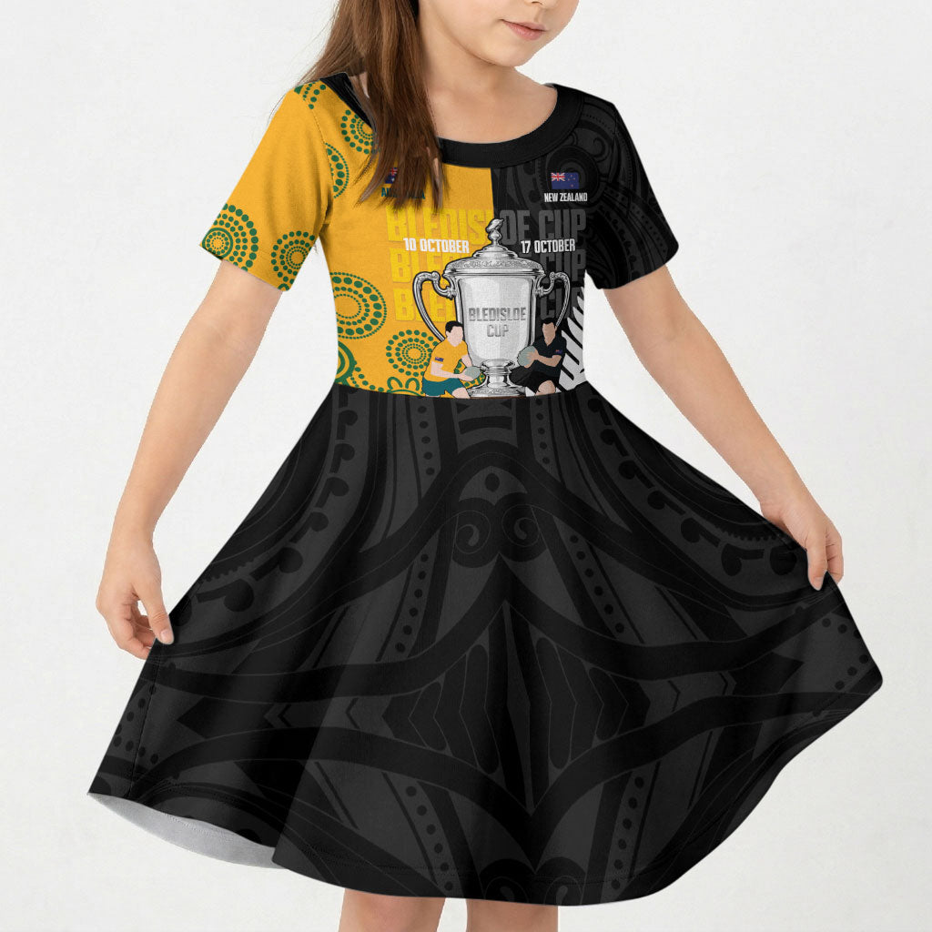 New Zealand Australia Rugby Bledisloe 2026 Custom Kid Short Sleeve Dress Champion Trophy Maori Aboriginal Art