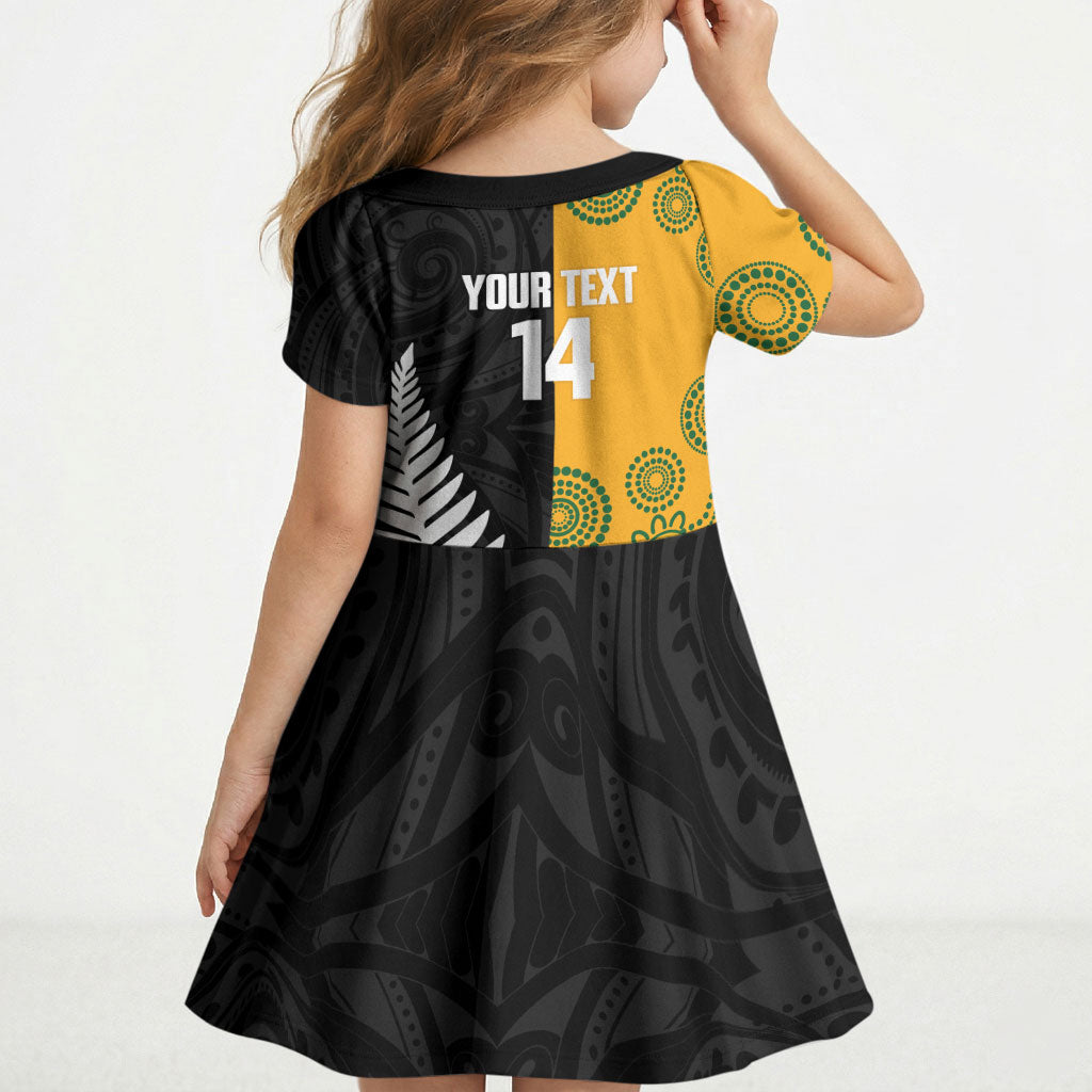 New Zealand Australia Rugby Bledisloe 2026 Custom Kid Short Sleeve Dress Champion Trophy Maori Aboriginal Art