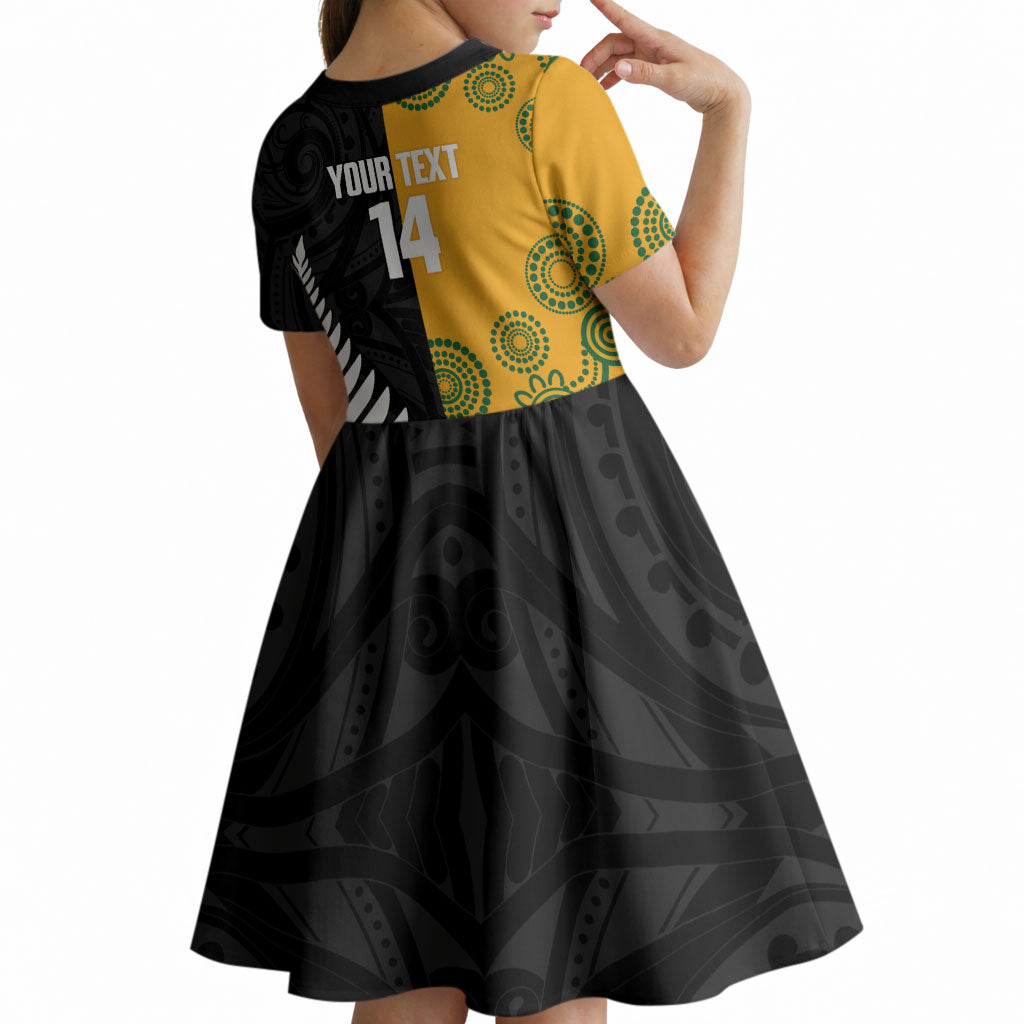 New Zealand Australia Rugby Bledisloe 2026 Custom Kid Short Sleeve Dress Champion Trophy Maori Aboriginal Art