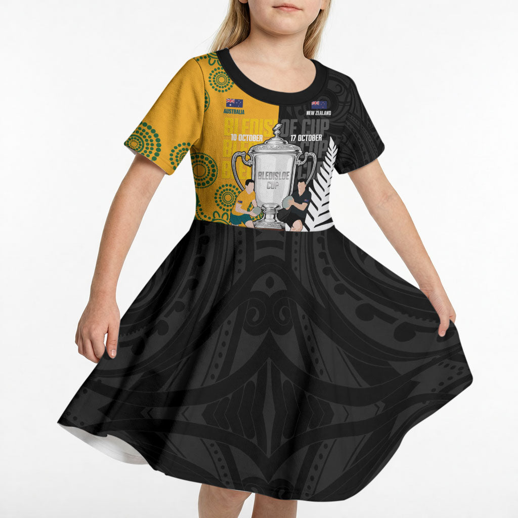 New Zealand Australia Rugby Bledisloe 2026 Custom Kid Short Sleeve Dress Champion Trophy Maori Aboriginal Art