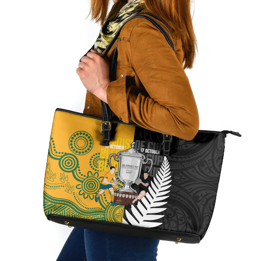 New Zealand Australia Rugby Bledisloe 2026 Leather Tote Bag Champion Trophy Maori Aboriginal Art