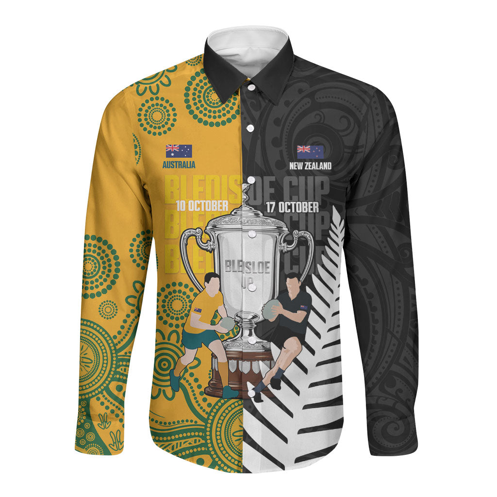 New Zealand Australia Rugby Bledisloe 2026 Custom Long Sleeve Button Shirt Champion Trophy Maori Aboriginal Art