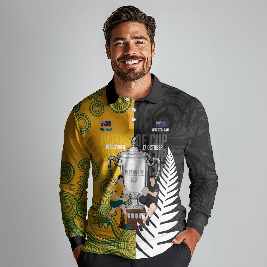 New Zealand Australia Rugby Bledisloe 2026 Custom Long Sleeve Polo Shirt Champion Trophy Maori Aboriginal Art