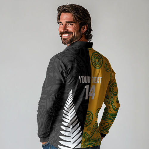 New Zealand Australia Rugby Bledisloe 2026 Custom Long Sleeve Polo Shirt Champion Trophy Maori Aboriginal Art