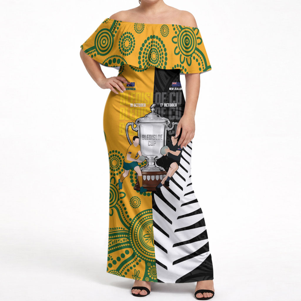 New Zealand Australia Rugby Bledisloe 2026 Custom Off Shoulder Maxi Dress Champion Trophy Maori Aboriginal Art