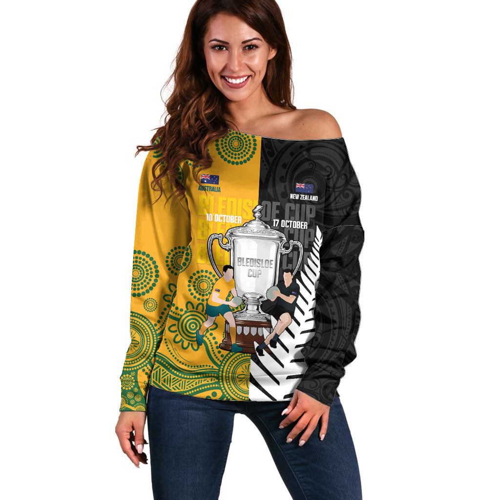 New Zealand Australia Rugby Bledisloe 2026 Custom Off Shoulder Sweater Champion Trophy Maori Aboriginal Art